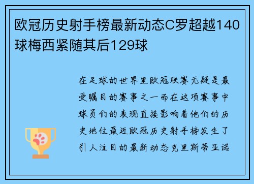 欧冠历史射手榜最新动态C罗超越140球梅西紧随其后129球